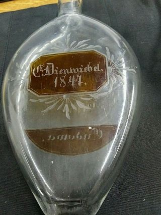 Antique Glass Whiskey Flask Rounded Polish 1847 Village Etched In Glass Teardrop 3