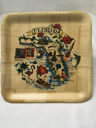 Vintage Souvenir Florida Bamboo —pre - Disney Colorful Kitschy Map 13 " Square Tray