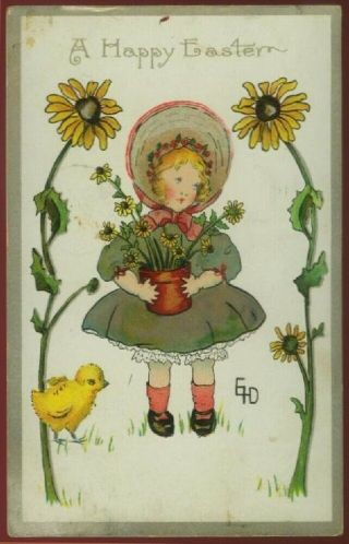 103020r Lovely Vintage Easter Postcard Little Girl In Bonnet Holding Flower Pot