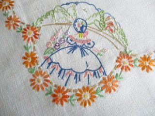 Vintage Tablecloth Hand Embroidered With Crinoline Ladies - Linen