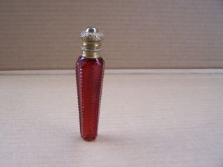 19th Century Ruby Red Cut Glass Perfume Bottle With Brass Top 4 1/4 "