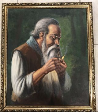 Large Vintage Oil Painting On Wood Man With Smoke Pipe Signed By Artist