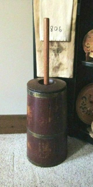 Early Farmhouse Inspired Wood Butter Churn W/dasher - Brass Bands