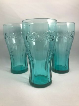 3 Vintage Coca Cola Teal Glasses - 6 " Tall