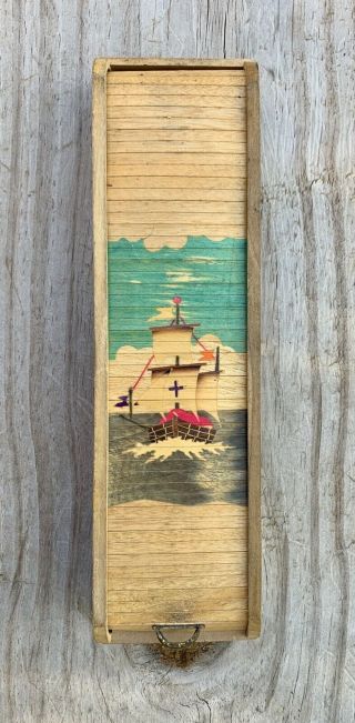 Wooden Roll Top Pencil Box Vintage Handpainted Ship Metal Pull Made In Japan