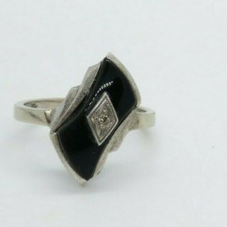 10k White Gold Art Deco Diamond Onyx Ring Size 4.  5 Jewelry (id211)