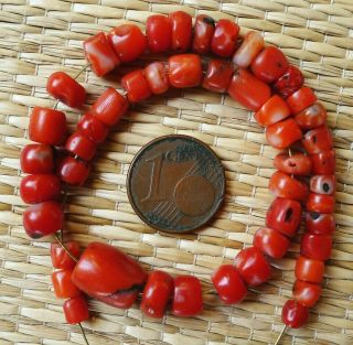 20cm Perle Corail Rouge Ancien Collier Ethnique Antique Red Coral Bead Necklace