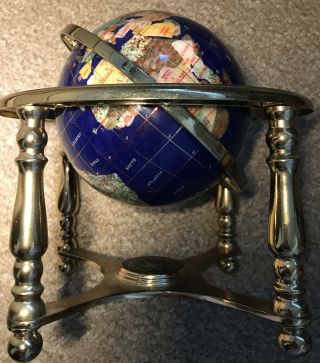 24cm Diameter Semi - Precious Inlaid Stone Globe Compass Lapis Jade,  Brass Effect