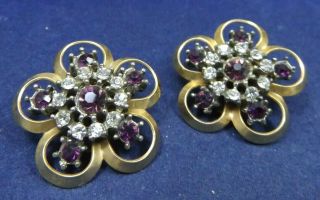 Vintage Costume Earrings Purple & Crystal Rhinestones Gold Tone Clip On Floral