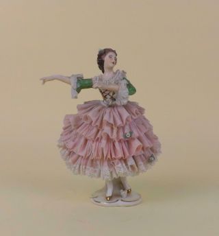 Antique Art Deco Porcelain German Dresden Figurine Of Dancer In Lace Dress