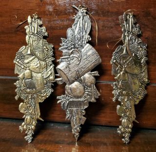 3 Vintage Tin/brass Metal Christmas Ornaments Forged Stamped Tin? Gold Unique