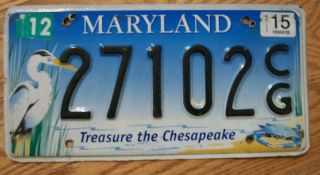 Single Maryland License Plate - 2015 - 27102cg - Treasure The Chesapeake