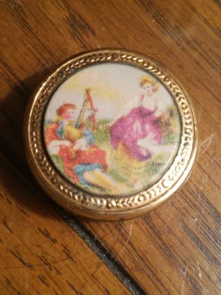Vintage Gold Tone Round Pill Box With Mirror & Classical Scene On Lid