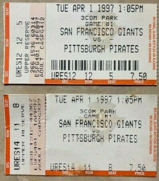4 - 1 - 97 Pittsburgh Pirates @ San Francisco Giants Opening Day Ticket Stubs (2)