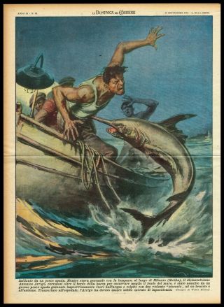 1952 Fisherman In Sicily Skewered By A Large Swordfish - Vintage Print Molino