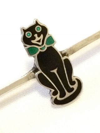 Vintage / Antique Art Deco Silver & Enamel Black Cat In Green Bow Tie Bar Brooch
