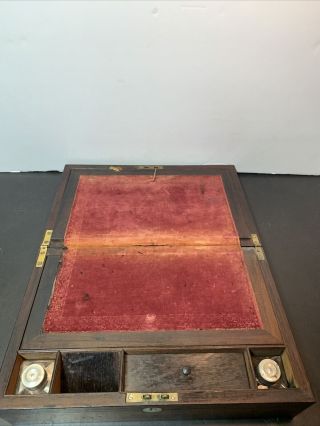 Antique Travel Lap Desk/Writing Box With Ink Wells & Mother Of Pearl Inlay 2