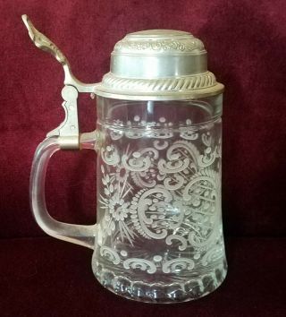 Vintage Etched Glass Pewter Lid Beer Stein Mug
