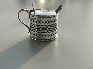 A Lovely 1911 Antique Hallmarked Solid Silver Mustard Pot With Glass & Spoon.