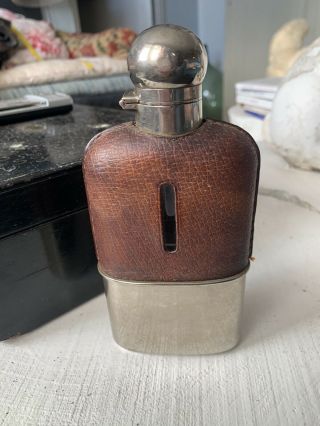 Ancienne Flasque A Whisky Cuir Chasse Antique Victorian Leather Whiskey Flask