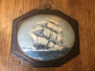 Vintage Wood Ship Picture Wall Hang Plaque Art 12”x10”