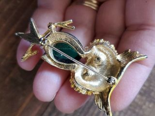 Vintage gold toned Jelly Belly owl brooch Green crystal eyes 3