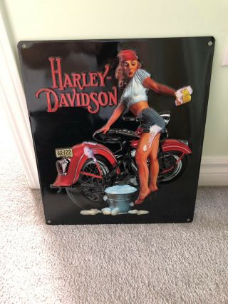 Ande Rooney Harley Davidson Wash Babe Pin Up Girl Tin Hd Sign 13”x15”