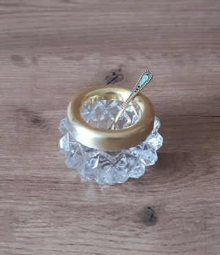 Vintage Soviet Crystal Salt Cellar Enamel Spoon Silver 875 Gold Plated Ussr Rare