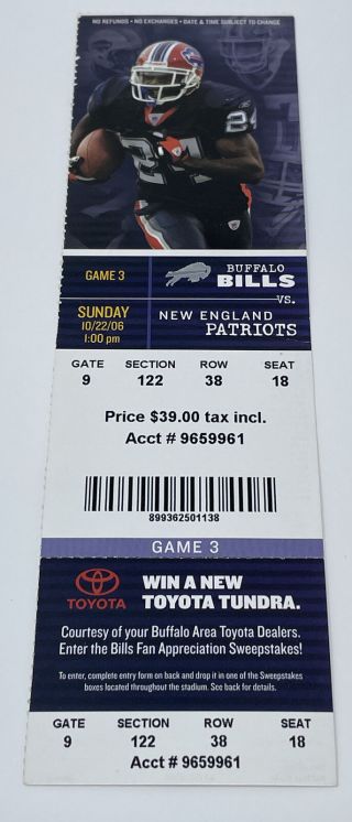England Patriots Ticket Stub 10/22/2006 At Buffalo Bills