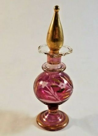 Vintage Perfume Bottle Rose And Gold Flower Design Glass Stopper 4 1/2 Inch