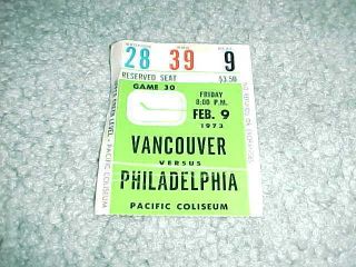 1973 Vancouver Canucks Vs Philadelphia Flyers Hockey Ticket 2/9