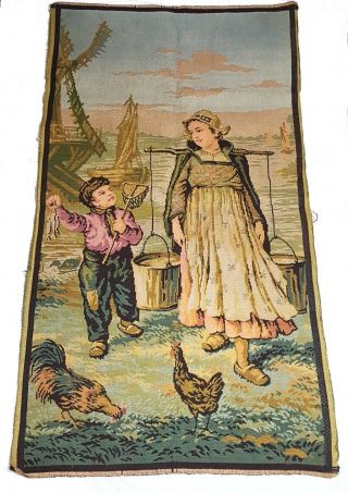 Vintage French Tapestry Dutch Girl Boy Woven Fabric Cover Hanging C1900 Brocade