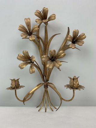 Italian Gold Gilt Tole Metal Flower Leaf Wall Sconce Candle Holder