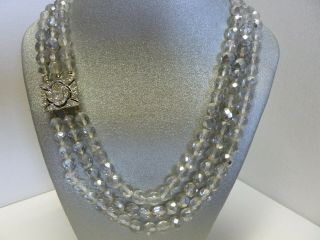 Vintage Triple Strand Ab Faceted Silver Crystal Necklace With Rhinestone Clasp