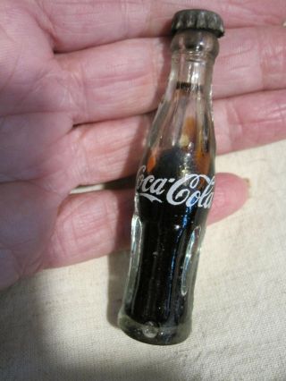 Vtg Mini Coca Cola/coke Soda Bottle Glass 3 Inch Partially Filled /metal Top