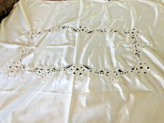 Vintage Cream Table Cloth Cut Work Embroidered Floral 56 " X 72 " Israel