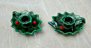 Vintage Lefton Christmas Candle Holders Green Holly Leaves Red Berries 5 " X 4 "