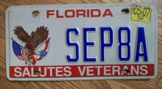 Single Florida License Plate - 2007 - Sep8a - Salutes Veterans
