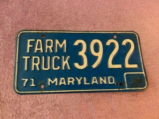 Vintage 1971 Maryland License Plate Tag Farm Truck 3922 Blue White