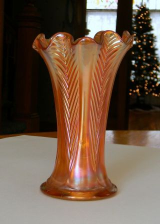 Antique Northwood Feathers Orange Marigold Carnival Iridescent Glass Vase C1909