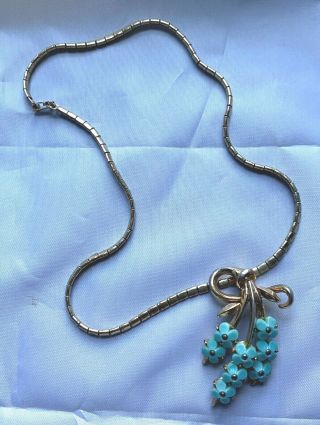Vintage Trifari Gold Plated Turquoise Glass Flowers Necklace Choker