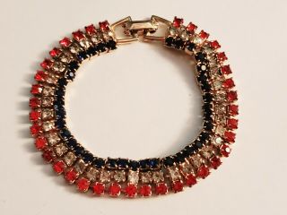 Vtg Jewelry Patriotic Red White & Blue Rhinestone 7 " Bracelet