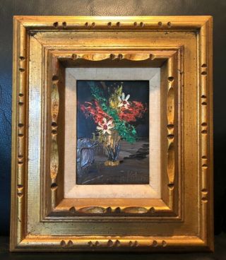 Vintage 1970 Signed Morris Katz Oil Painting On Board Framed Flowers In Vase