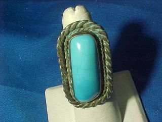 Vintage Navajo Hand Crafted Sterling Silver Ring W Large Turquoise Stone 7