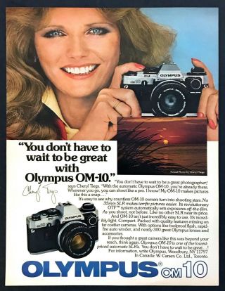 1981 Supermodel Cheryl Tiegs Photo Olympus Om 10 Camera Vintage Promo Print Ad