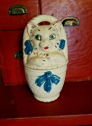 Vintage Cat In Basket Cookie Jar 1940s American Bisque Kitten Great Orig.  Paint