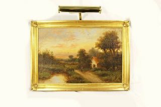 Vintage Antique Style Pastoral Painting W.  Wooden Frame & Art Lamp