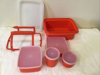 Orange Vintage Tupperware Pak N Carry Lunch Box Kit Tote 11 Pc.  W/ Handle Pack