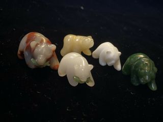 Vintage Hardstone Agate Jade Carved Bears With Fish Animal Stone Carving