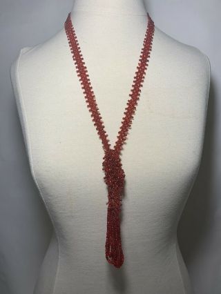 Antique Art Deco 1920s Red Czech Glass Beaded 48  Flapper Tassels Necklace